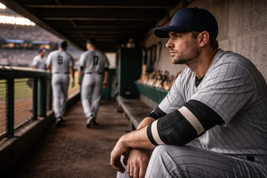 Joueur de baseball assis sur le banc du dugout avec une attelle au bras pendant un match MLB