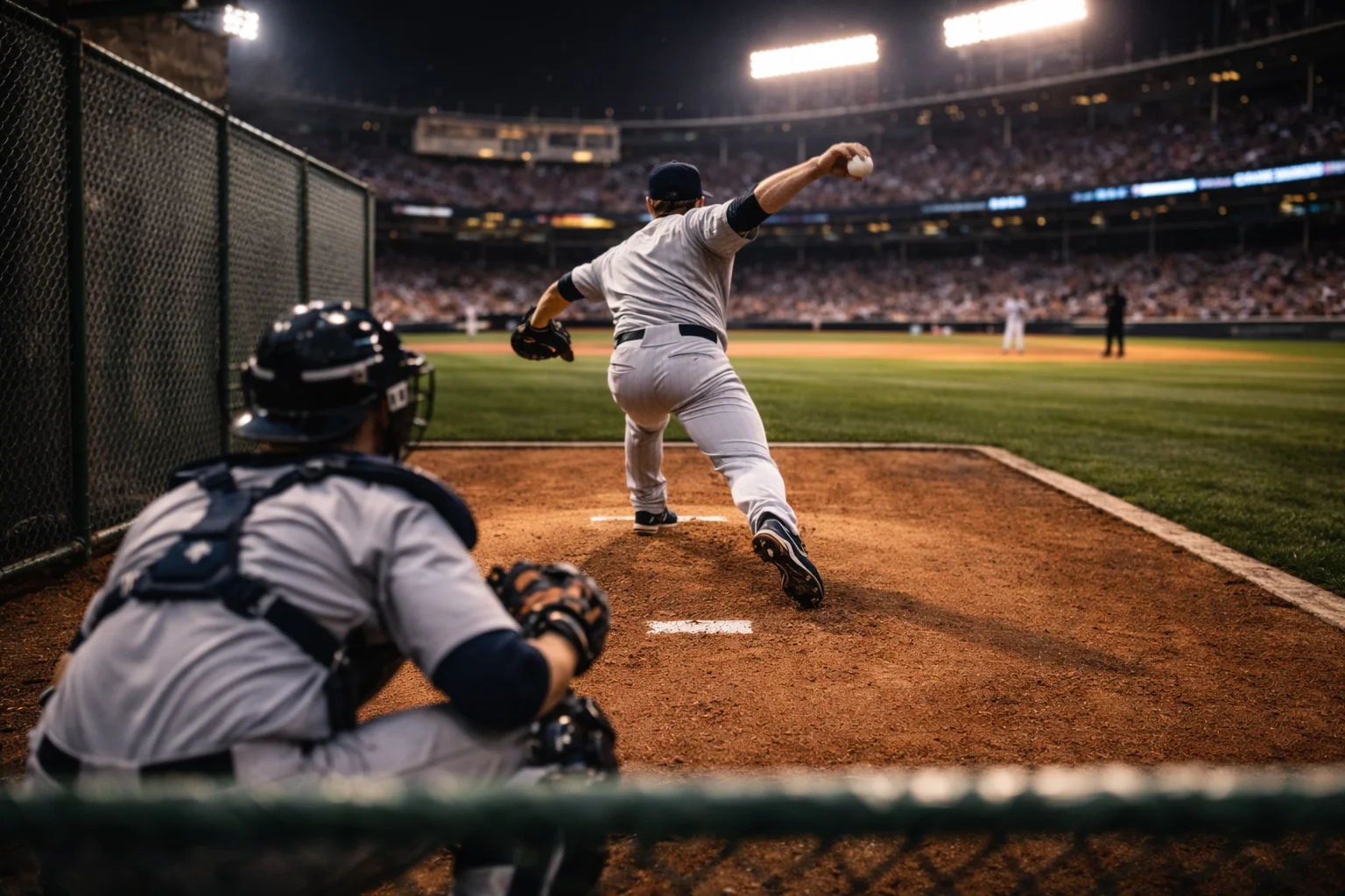 Lanceur releveur de baseball s'échauffant dans le bullpen d'un stade MLB