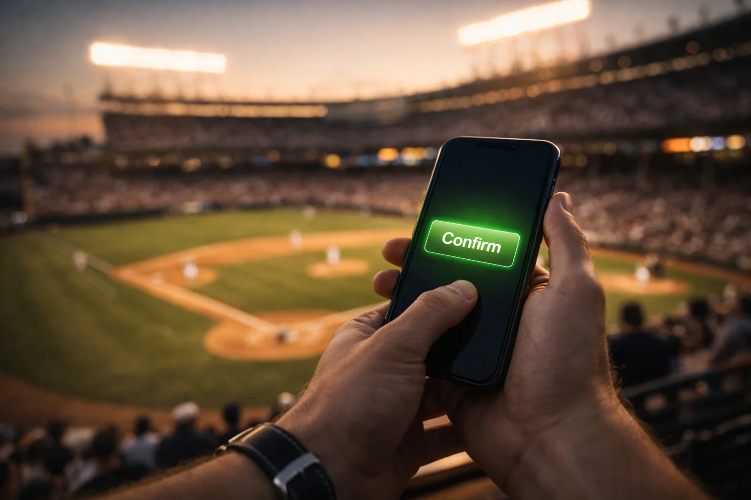 Main d'un parieur appuyant sur un bouton de validation sur un smartphone pendant un match de baseball