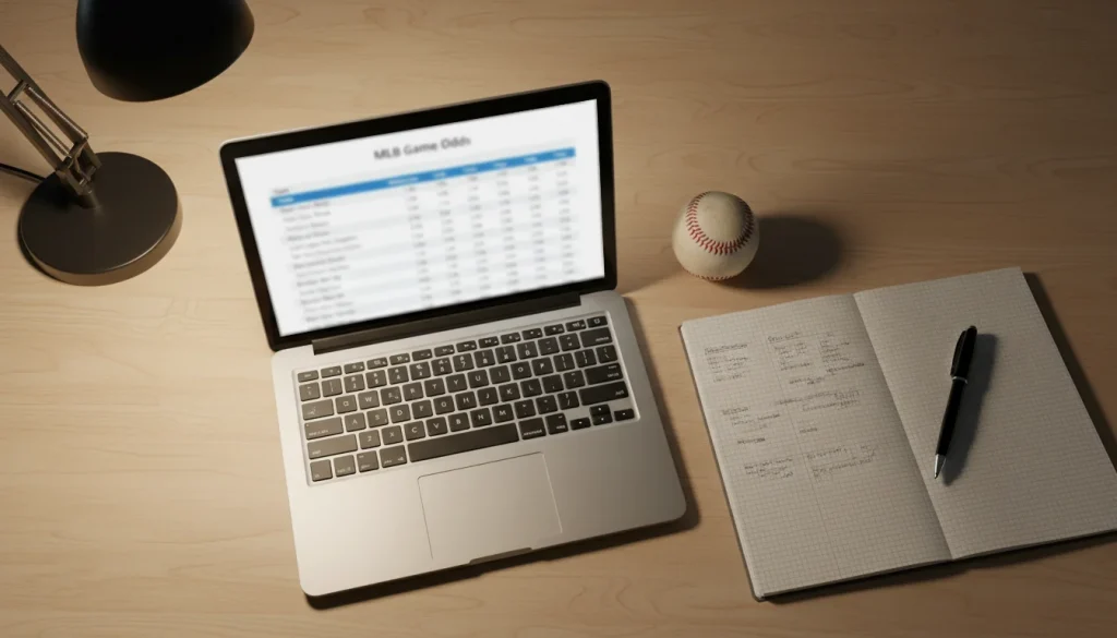 Gros plan sur un écran affichant des cotes décimales de matchs de baseball avec un stylo et un carnet à côté