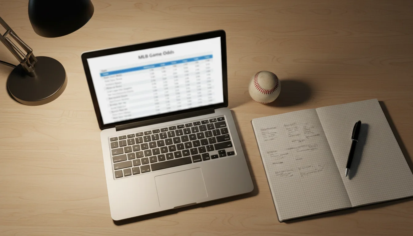 Gros plan sur un écran affichant des cotes décimales de matchs de baseball avec un stylo et un carnet à côté