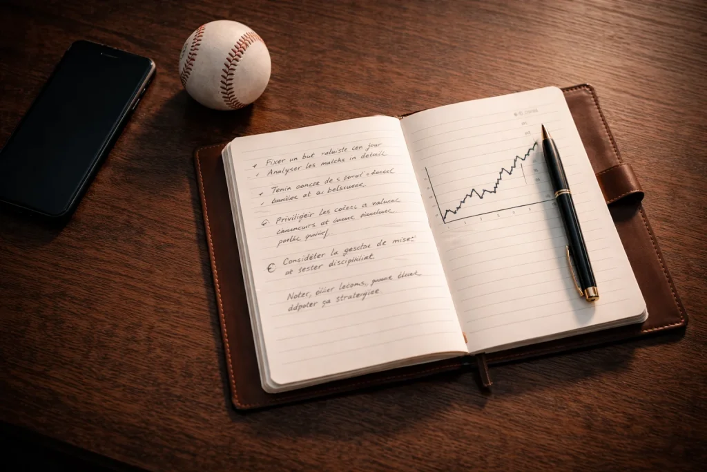 Carnet de notes ouvert avec plan de gestion de bankroll pour les paris baseball MLB
