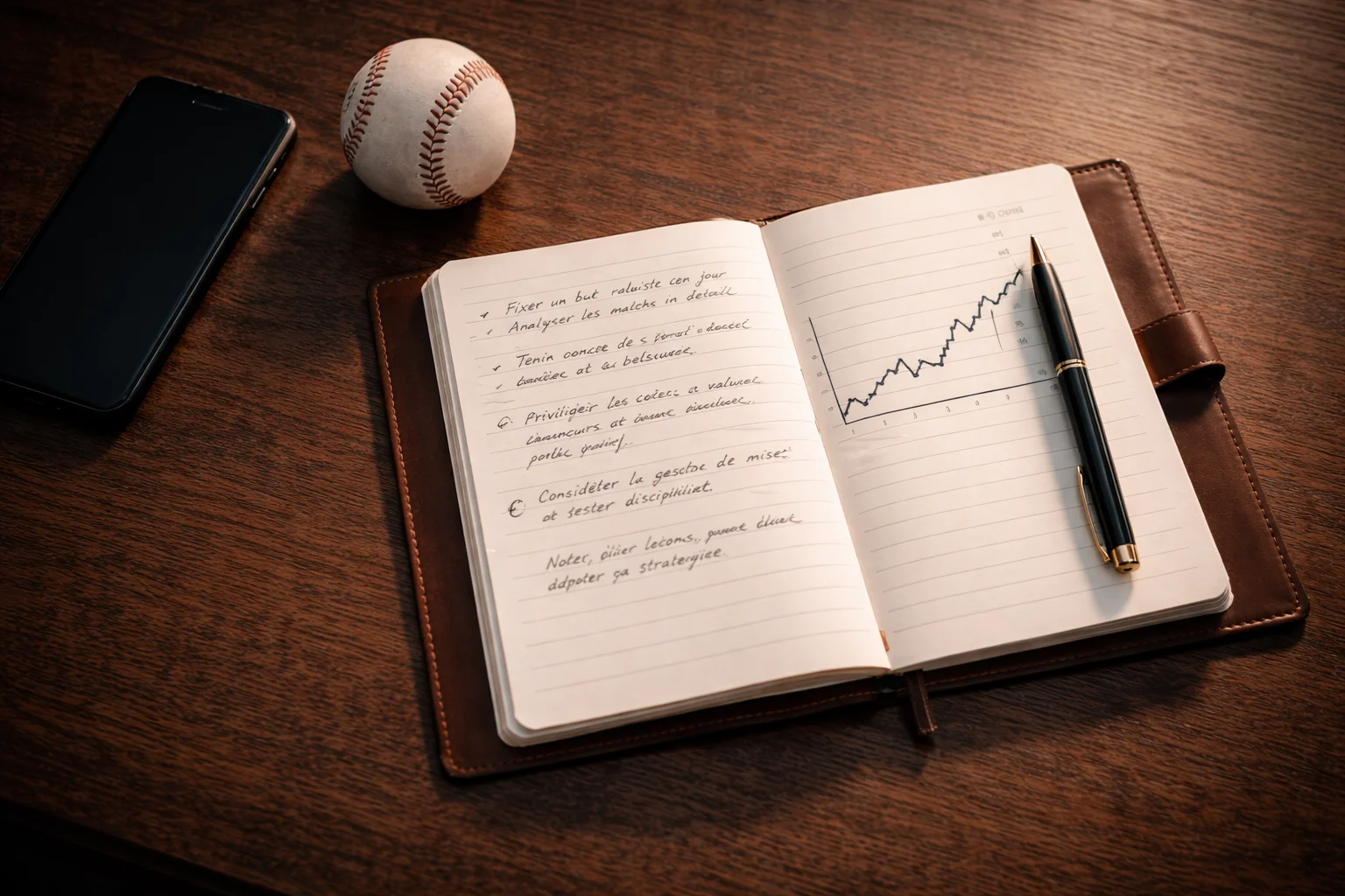 Carnet de notes ouvert avec plan de gestion de bankroll pour les paris baseball MLB