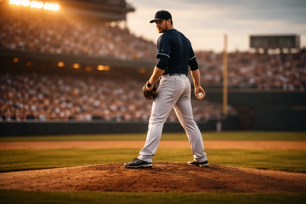 lanceur-partant-paris-baseball-mlb.webp" alt="Lanceur partant de baseball en plein lancer sur le monticule lors d'un match MLB