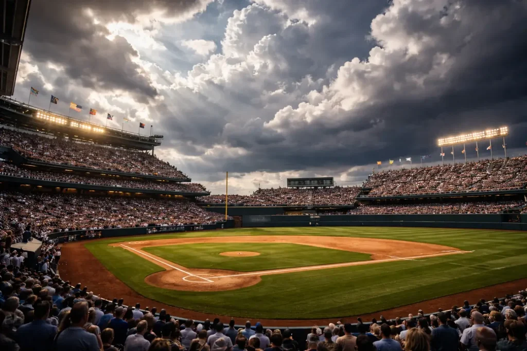 Stade de baseball MLB sous un ciel nuageux avec drapeaux agités par le vent