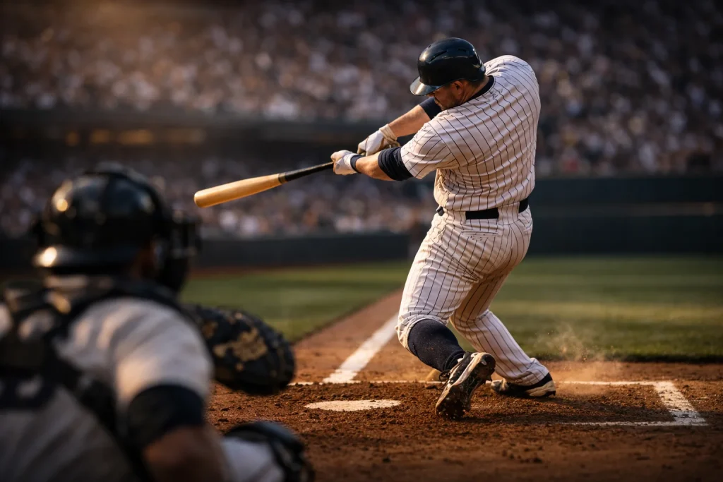 Frappeur de baseball MLB en position de frappe au marbre avec batte en main