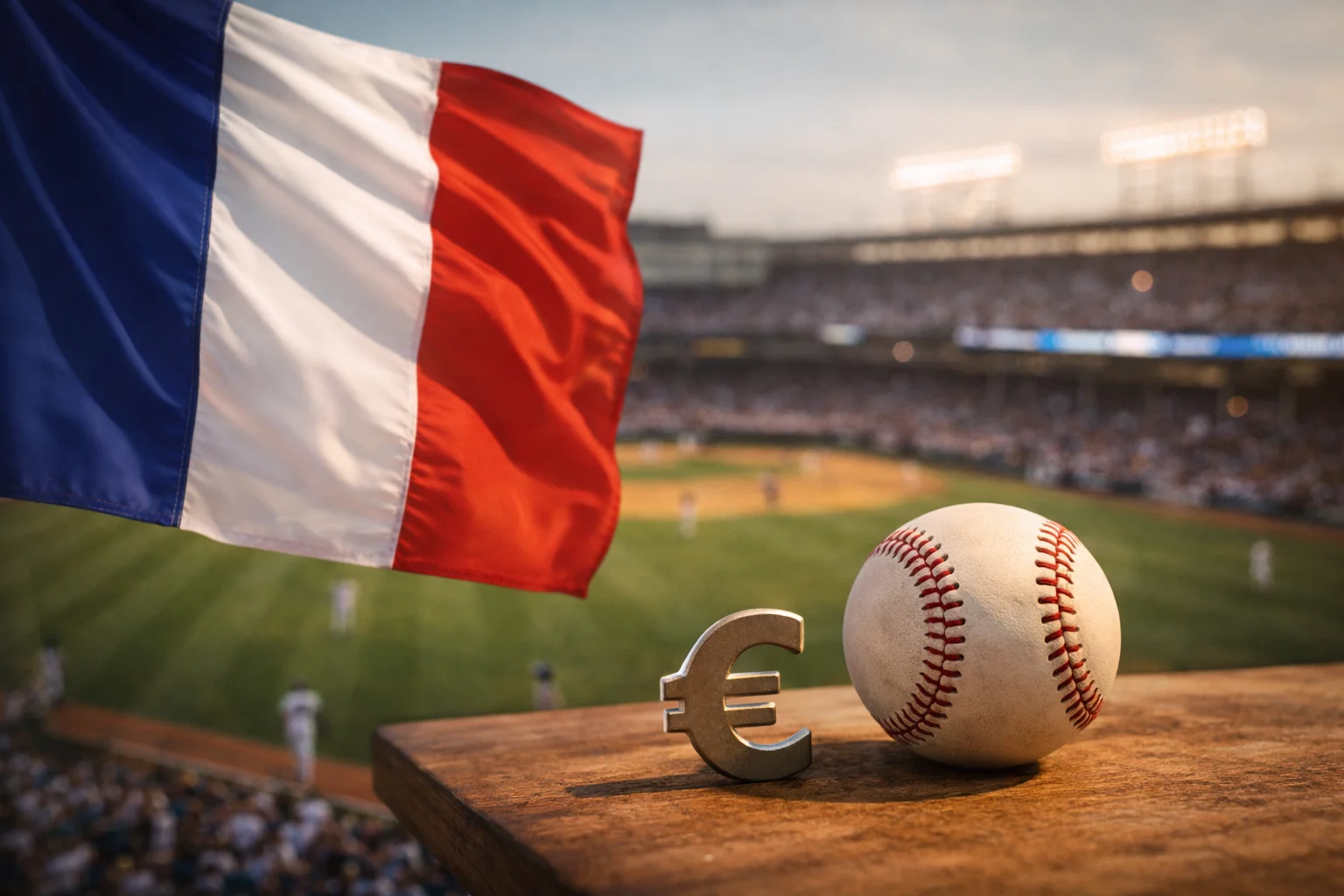 Drapeau français flottant devant un stade de baseball avec un symbole € en surimpression