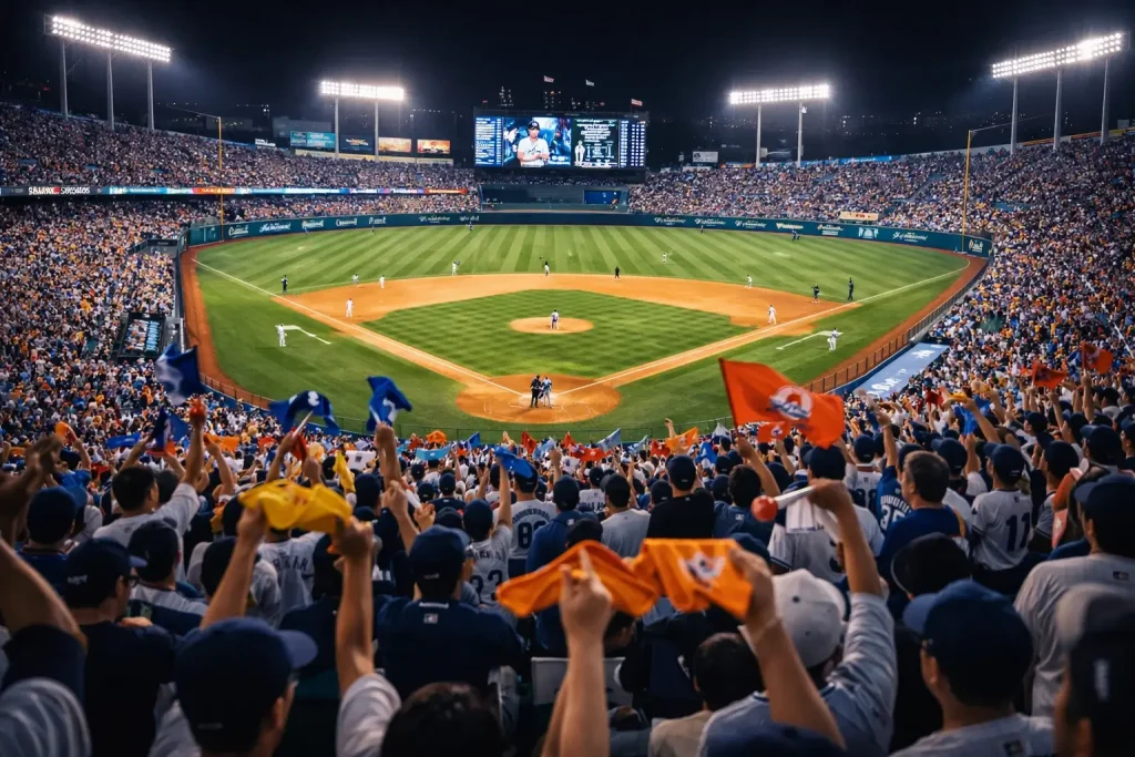 Stade de baseball en Asie rempli de supporters agitant des drapeaux colorés pendant un match de nuit
