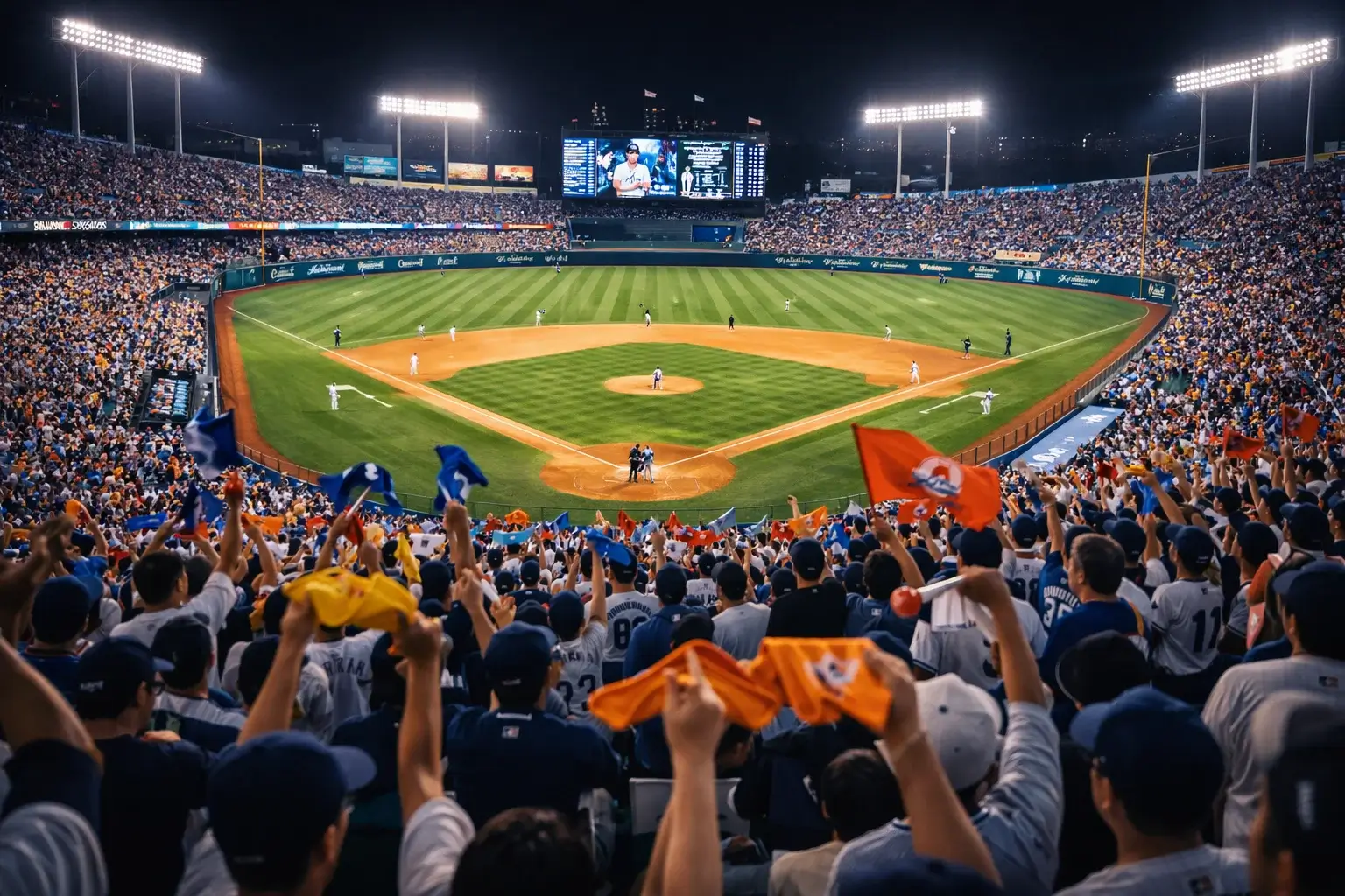 Stade de baseball en Asie rempli de supporters agitant des drapeaux colorés pendant un match de nuit