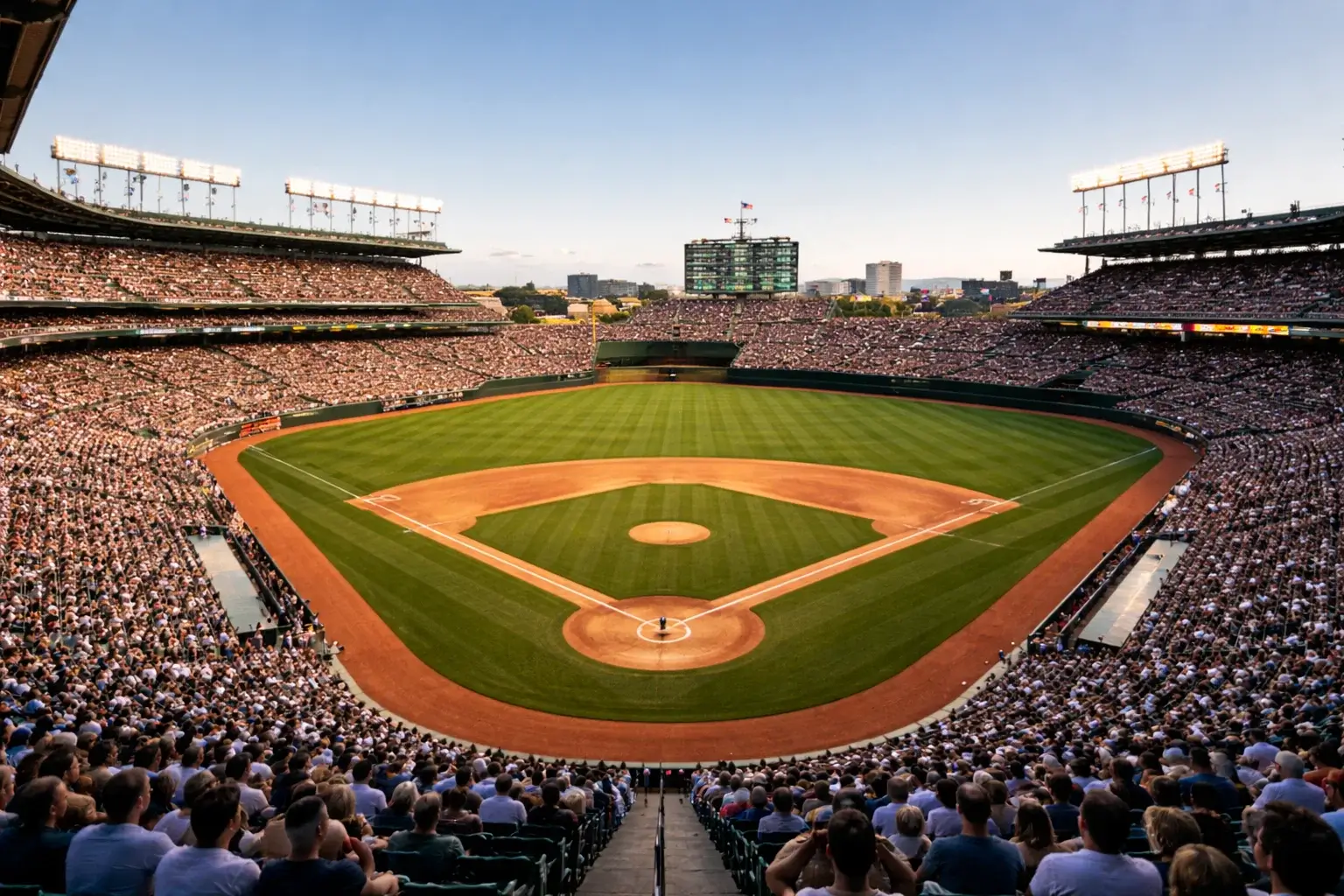 Vue panoramique d'un stade de baseball MLB avec terrain en gazon naturel et tribunes remplies