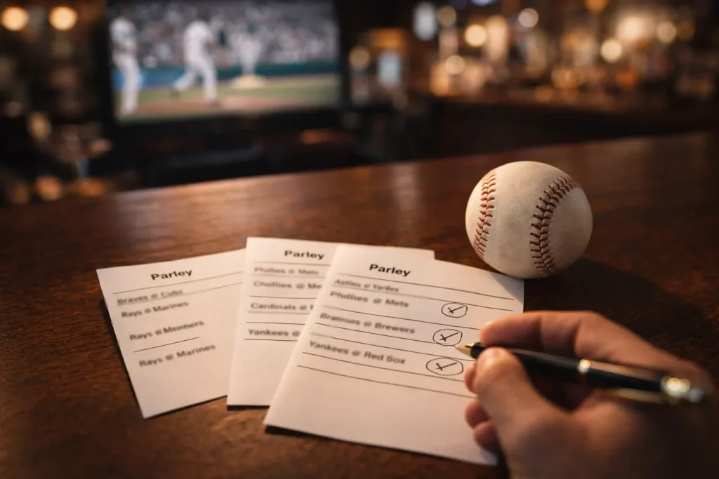 Plusieurs tickets de paris sportifs baseball posés sur une table avec un match MLB en arrière-plan