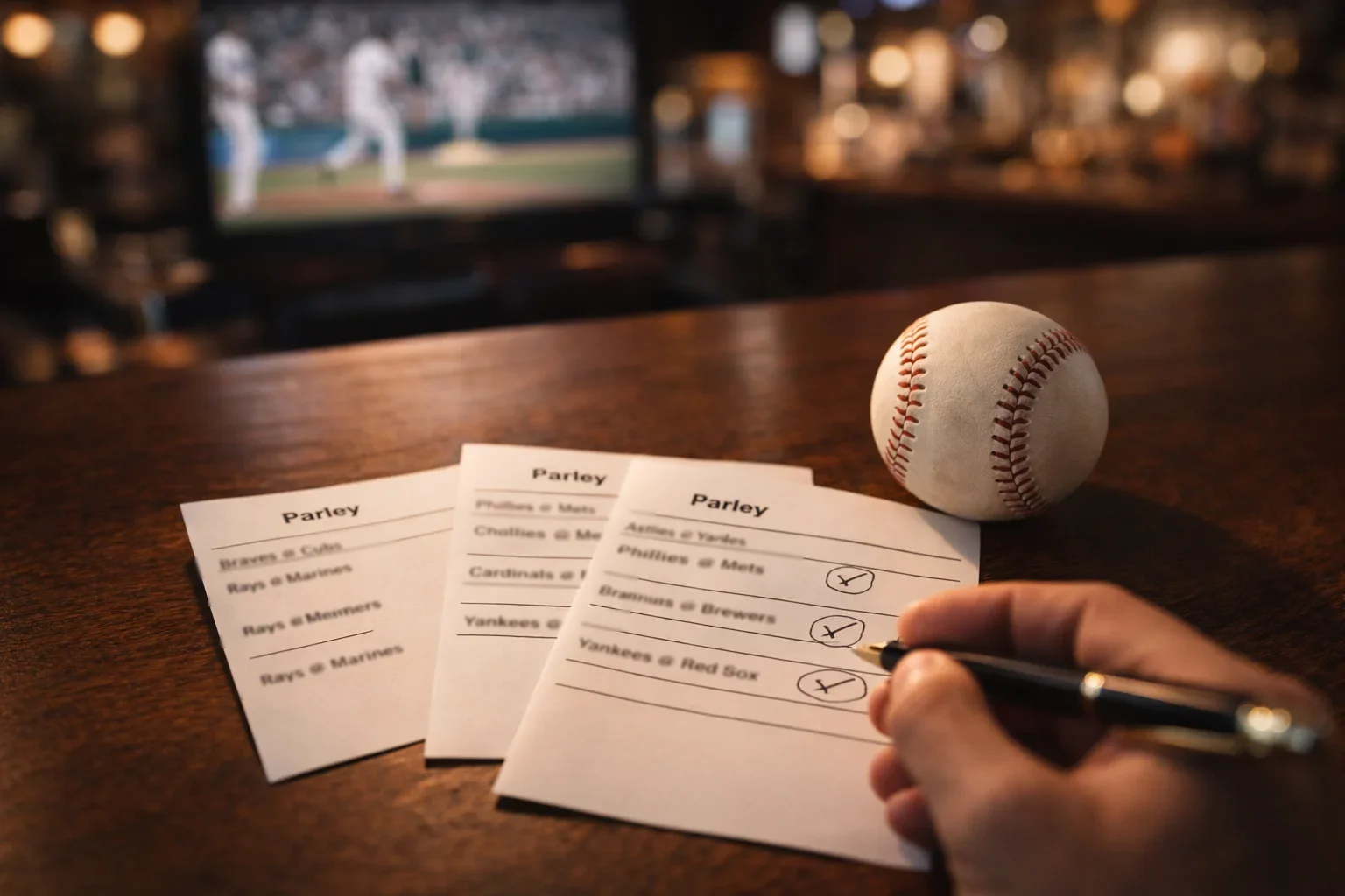 Plusieurs tickets de paris sportifs baseball posés sur une table avec un match MLB en arrière-plan