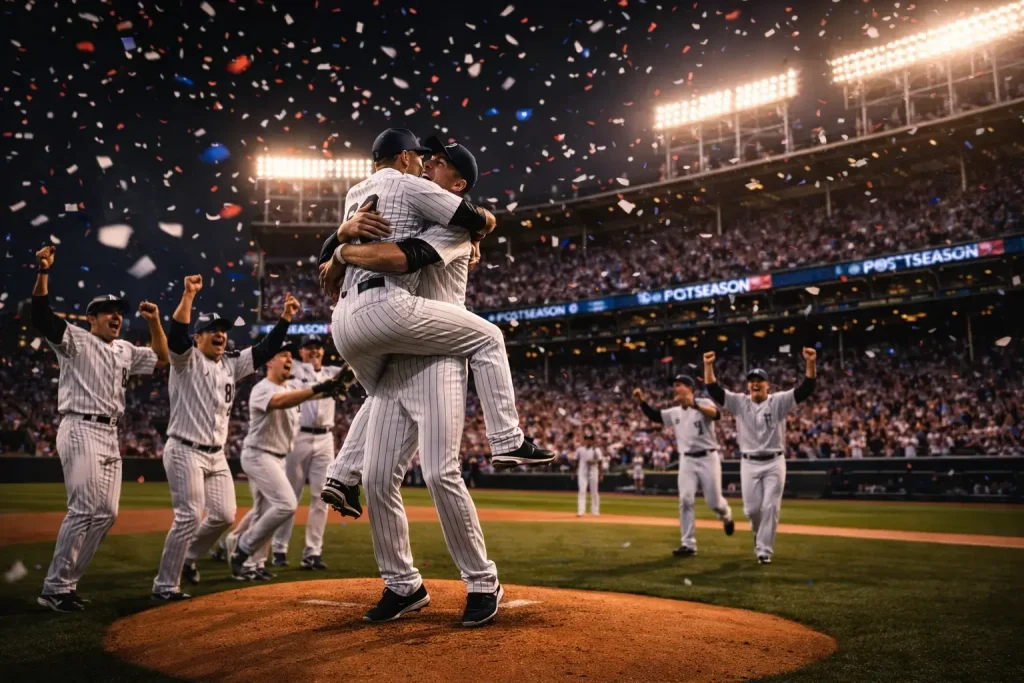 Joueurs de baseball célébrant une victoire sur le terrain d'un stade MLB décoré pour les playoffs