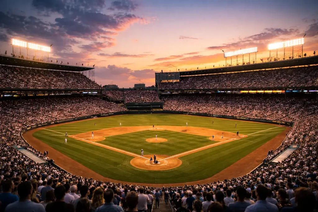 Stade de baseball MLB rempli de spectateurs sous un ciel de début de soirée pendant la saison régulière
