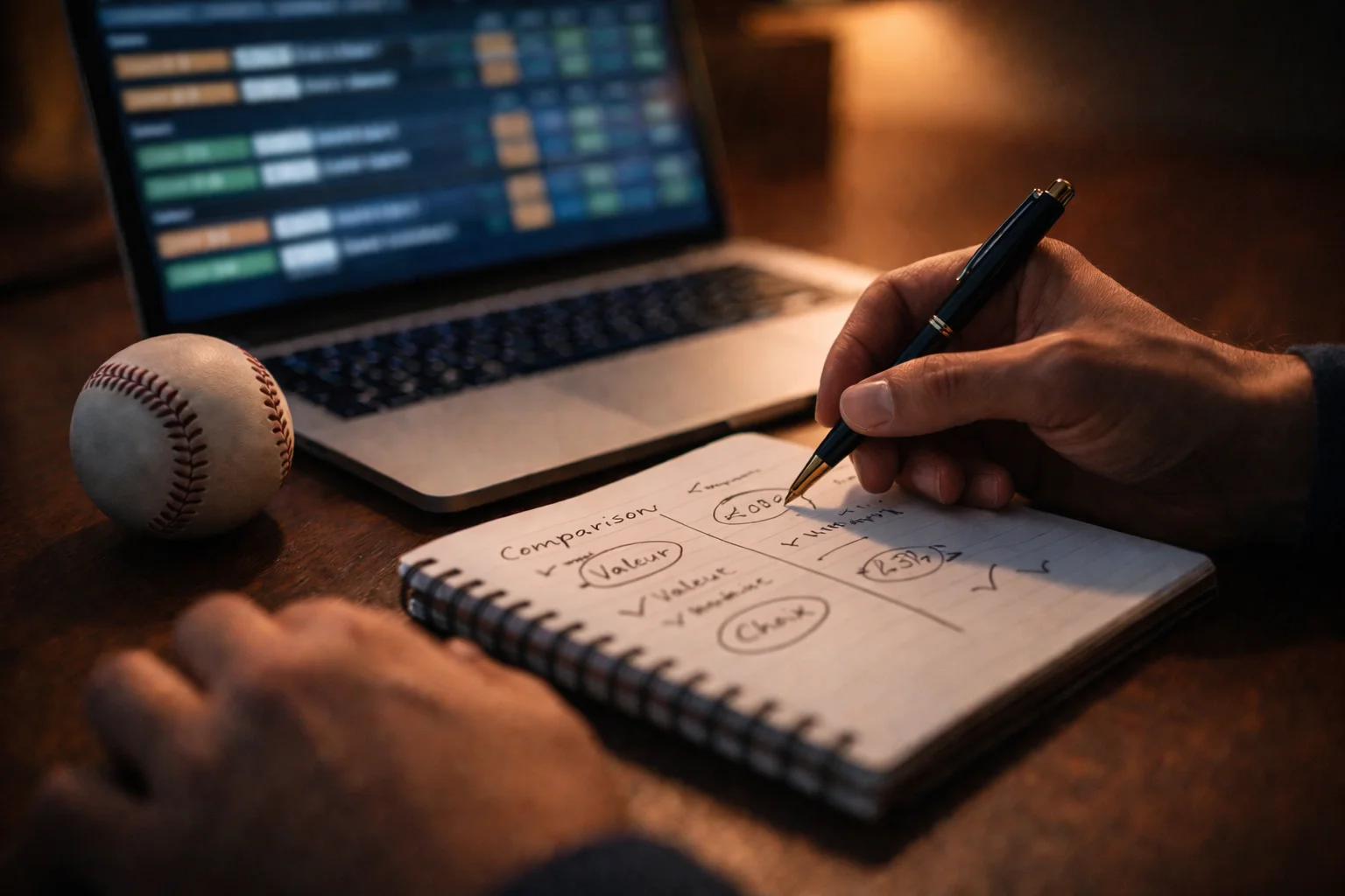 Parieur sportif analysant les cotes de baseball MLB sur un écran avec un stylo en main