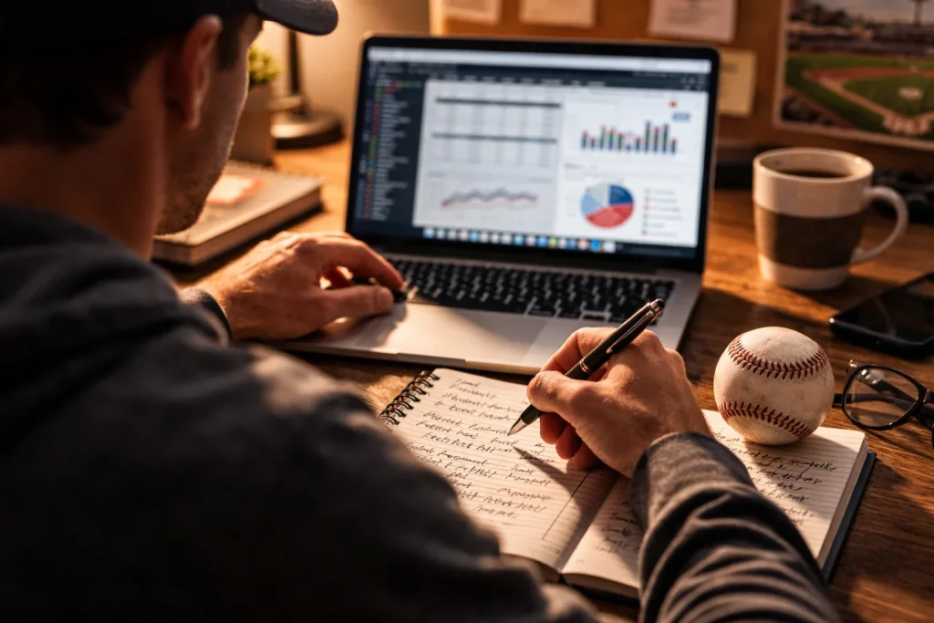 Analyste sportif étudiant des statistiques avancées de baseball sur un écran d'ordinateur